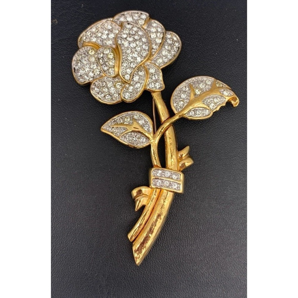 Vintage Nolan Miller Large Gold Tone Rose Flower and Clear Rhinestone Brooch